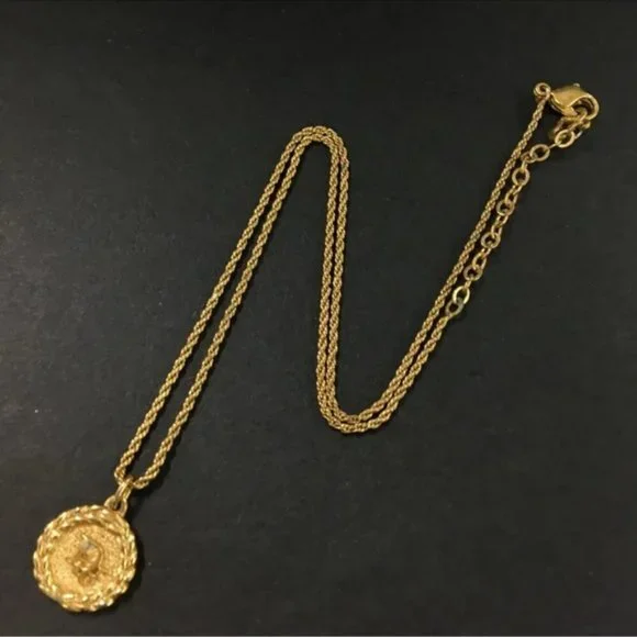 Christian Dior Logo Gold Small Weave Medallion Circle Pendant Necklace